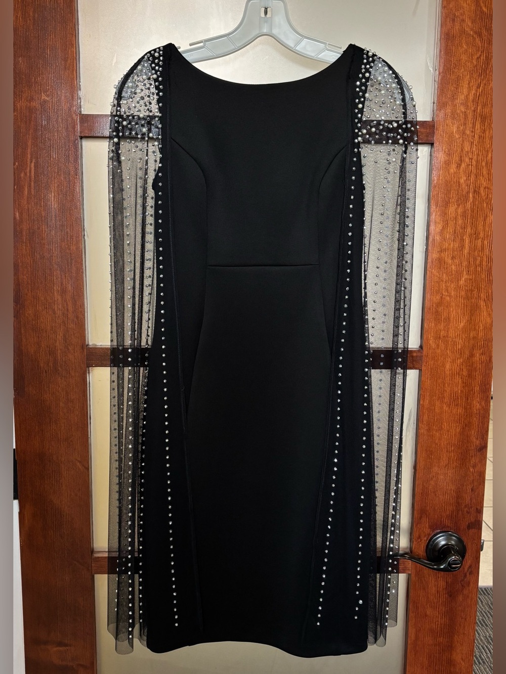 Frank Lyman Design Black Sheath Dress with Embellished Tulle Cape Sleeves